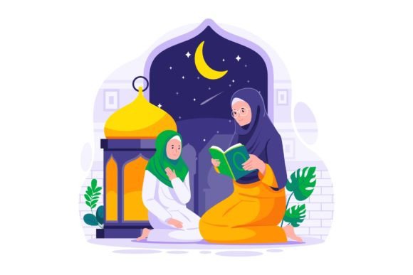Muslim Family Reading Quran Illustration