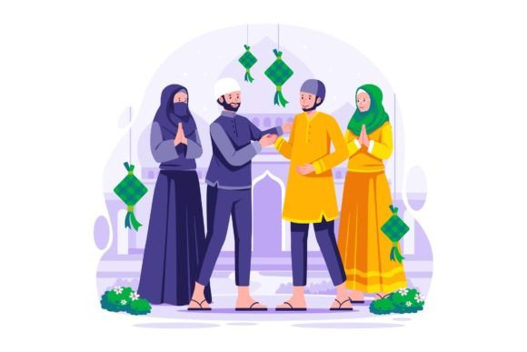 People Greeting Eid Mubarak Illustration Graphics